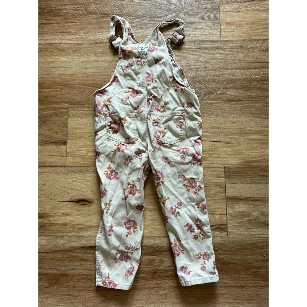 OshKosh B'gosh Corduroy Overalls Toddler 3T Cream Floral Print Cotton Bibs
